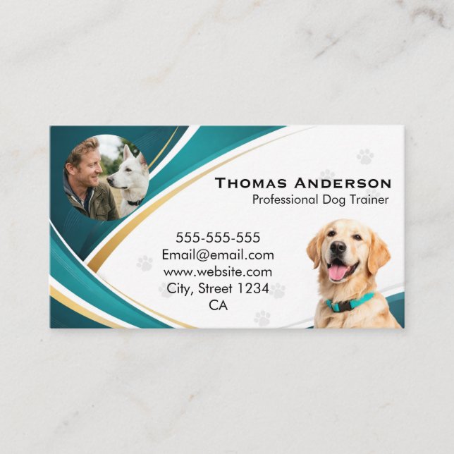 Carte De Visite Professional Modern Teal & Gold Dog Trainer Custom (Devant)