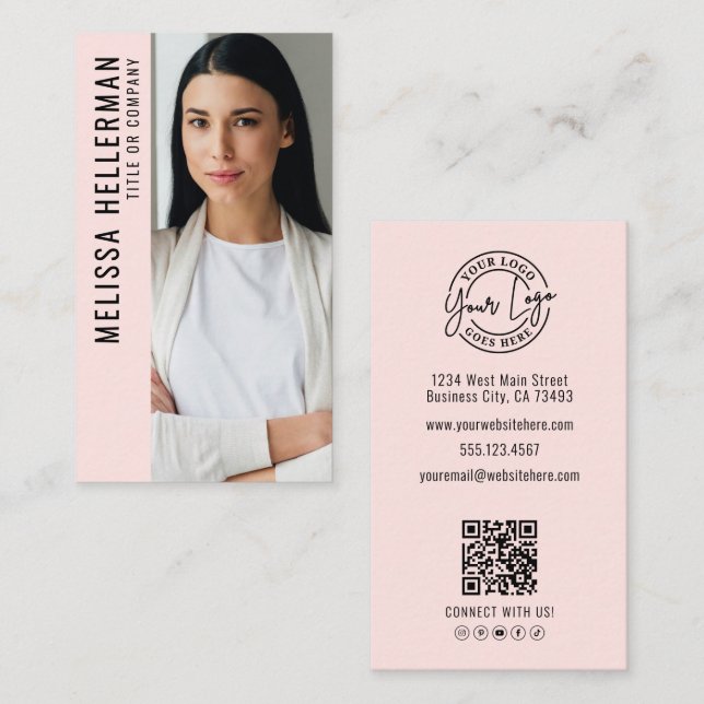 Carte De Visite Professional Photo Logo Vertical Pink  (Devant / Derrière)