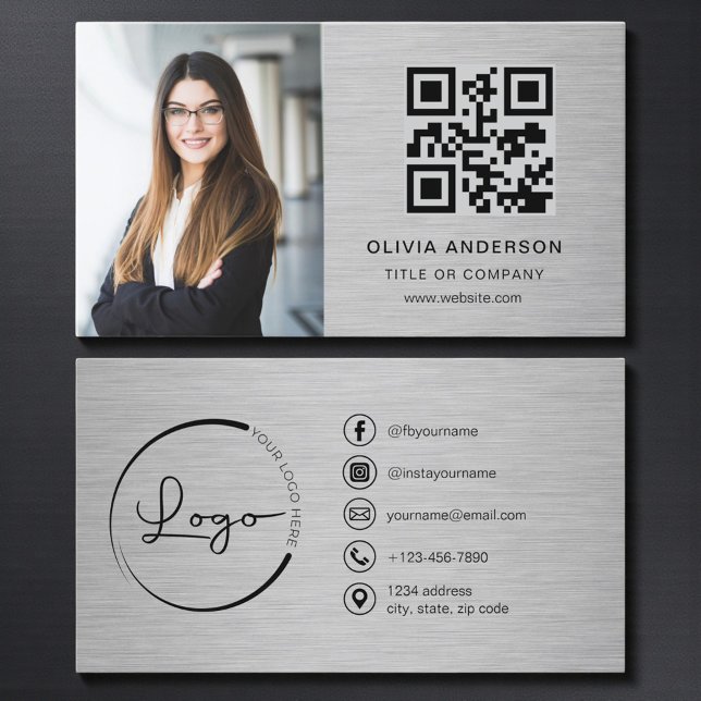 Carte De Visite Professional Photo Metallic QR Code Social Media (Créateur téléchargé)