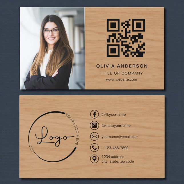 Carte De Visite Professional Photo Wood QR Code Social Media (Créateur téléchargé)