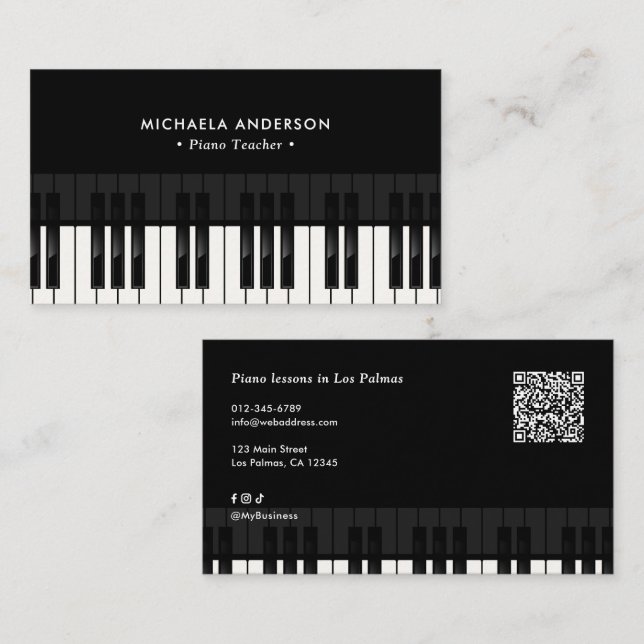 Carte De Visite Professional Piano Teacher QR Code & Social Media (Devant / Derrière)