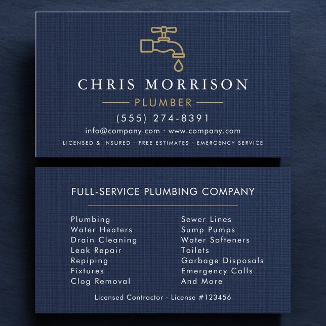 Carte De Visite Professional Plumbing Plumber Navy Blue Gold  (Créateur téléchargé)