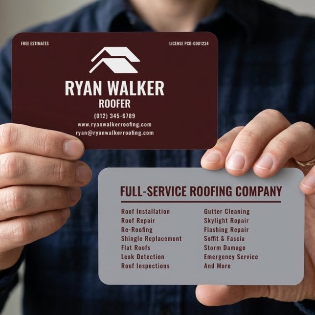 Carte De Visite Professional Roofing Company Maroon & Grey Roofer (Créateur téléchargé)