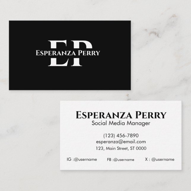 Carte De Visite Professional Sleek Bold Noir Monogramme Classique (Devant / Derrière)