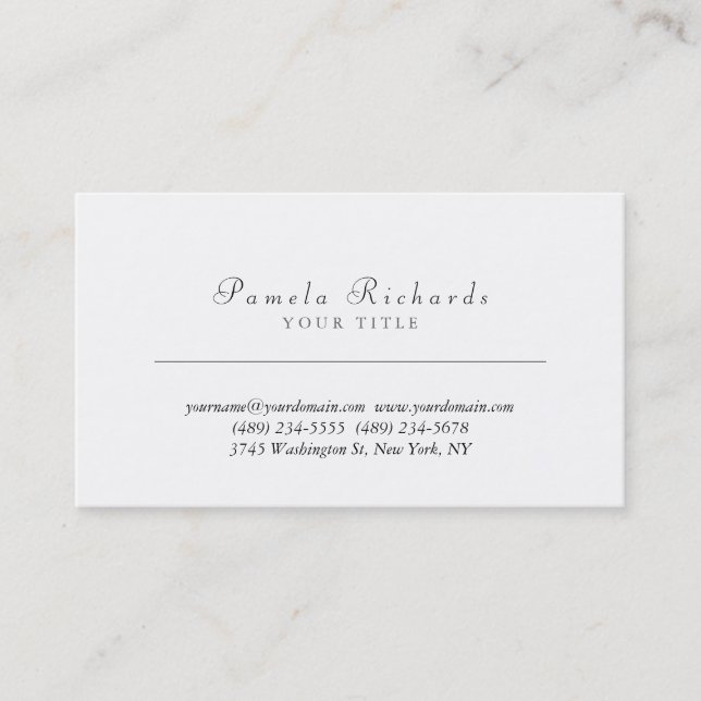 Carte de visite professionnel blanc de script chic (Devant)