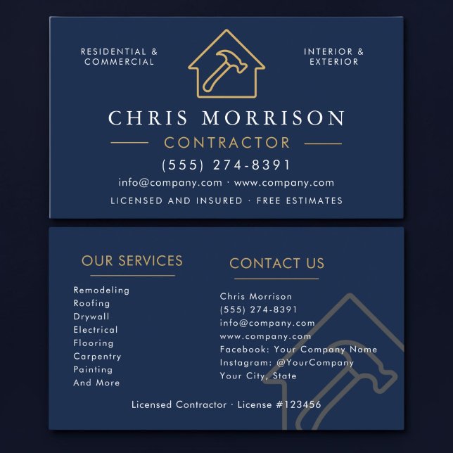 Carte De Visite Professionnel de la construction bleu marine or (Créateur téléchargé)