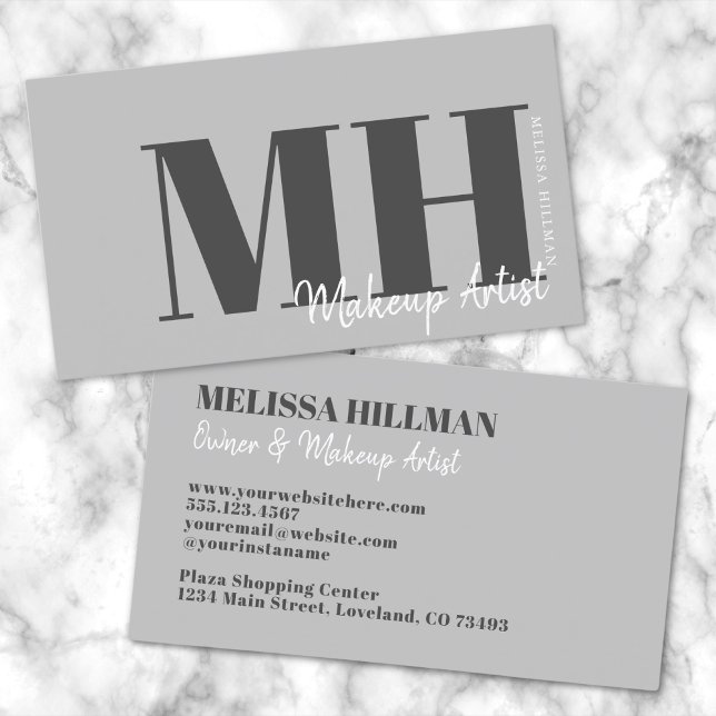 Carte De Visite Professionnel Élégant Gris Monogramme (Simple Modern Gray Professional Initials Monogram Business Card)