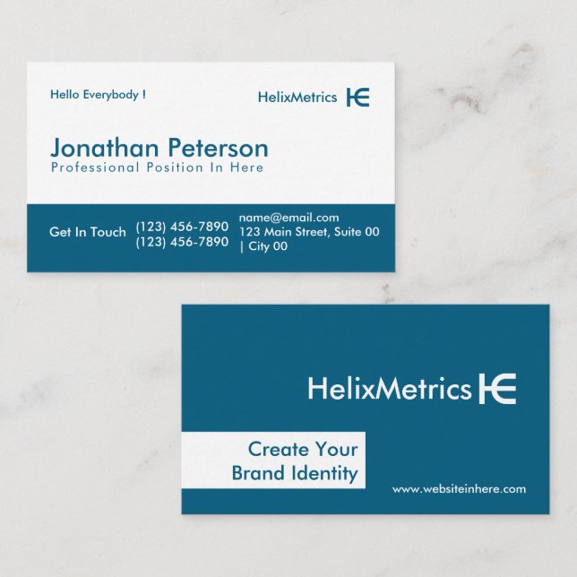 Carte De Visite Professionnel Moderne Propre Bleu Blanc HelixMetri (Devant / Derrière)