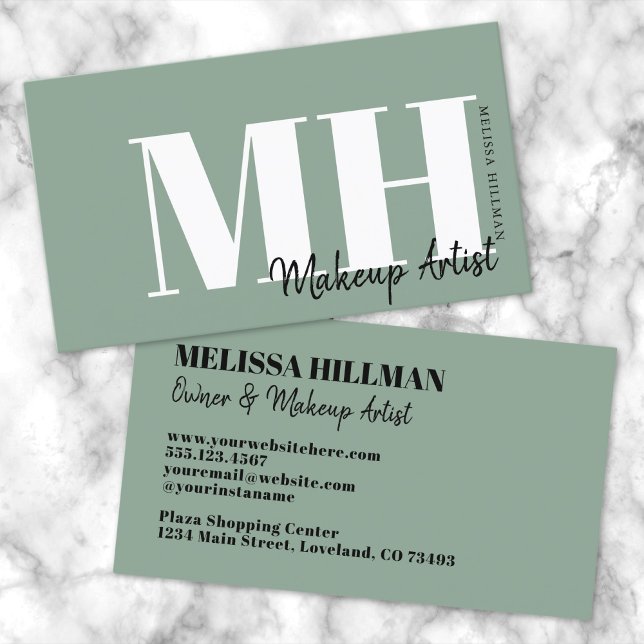 Carte De Visite Professionnel Monogramme Vert Sauge Simple (Professional Simple Sage Green Monogram Business Card)