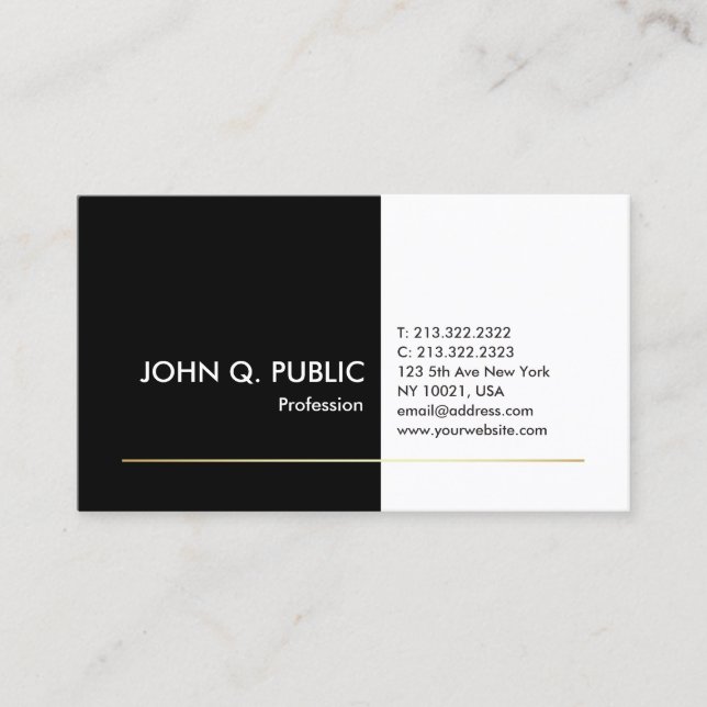 Carte De Visite Professionnel Noir Blanc Or Élégant Moderne Simple (Devant)