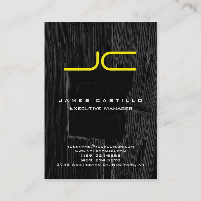 Carte De Visite Professionnel Noir Bois Gris Jaune Monogramme (Devant)