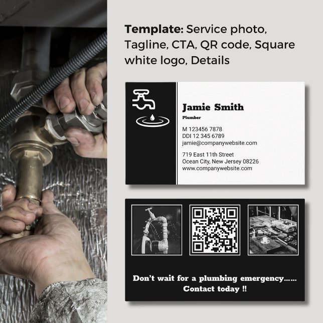 Carte de visite professionnel noir et blanc (Professional Black & White Plumber Business Card, Photos, Logo, QR code, Slogan, CTA)
