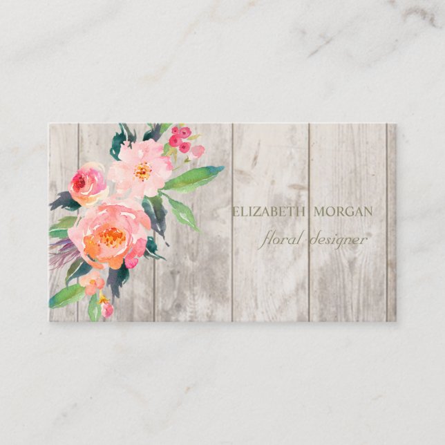 Carte De Visite Professionnel Romantique ,Fleurs,Texture de Bois (Devant)