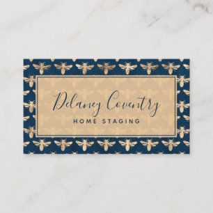 Carte De Visite Professionnel tendance Navy & Gold Bees