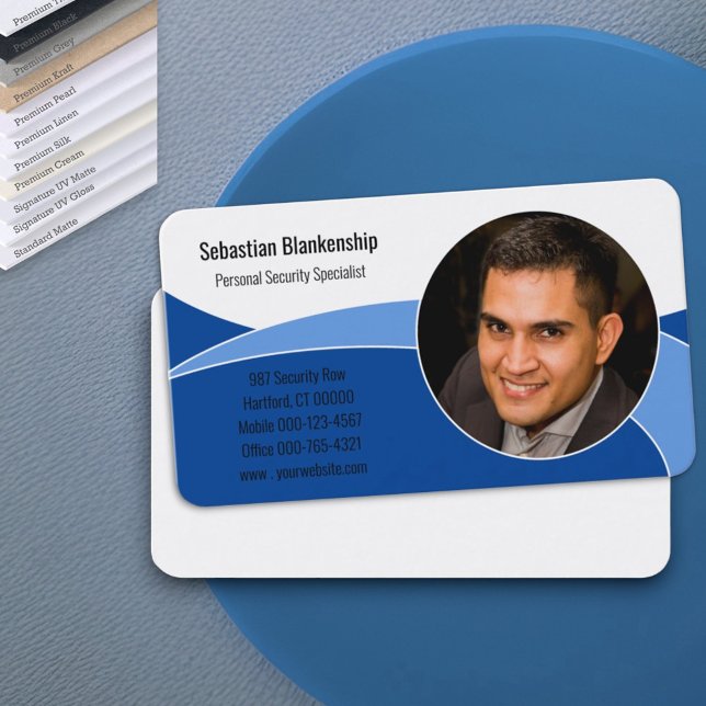 Carte de visite professionnelle abstraite bleue av (Professional photo business card template design front and blank back)