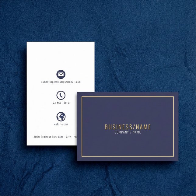Carte de visite professionnelle avec icônes bleues (Blue and white icons gold border business card.)