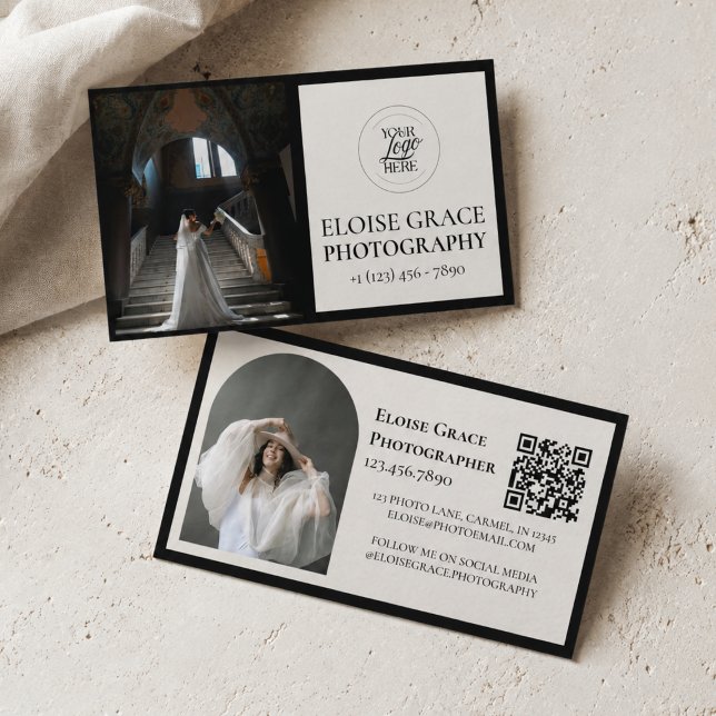 Carte de visite professionnelle avec logo noir et  (Editorial Photo Logo Black QR Code Business Card)