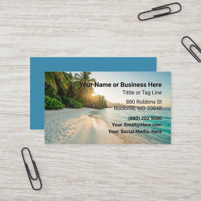 Carte de visite professionnelle avec plage et palm (Devant/Arrière en situation)