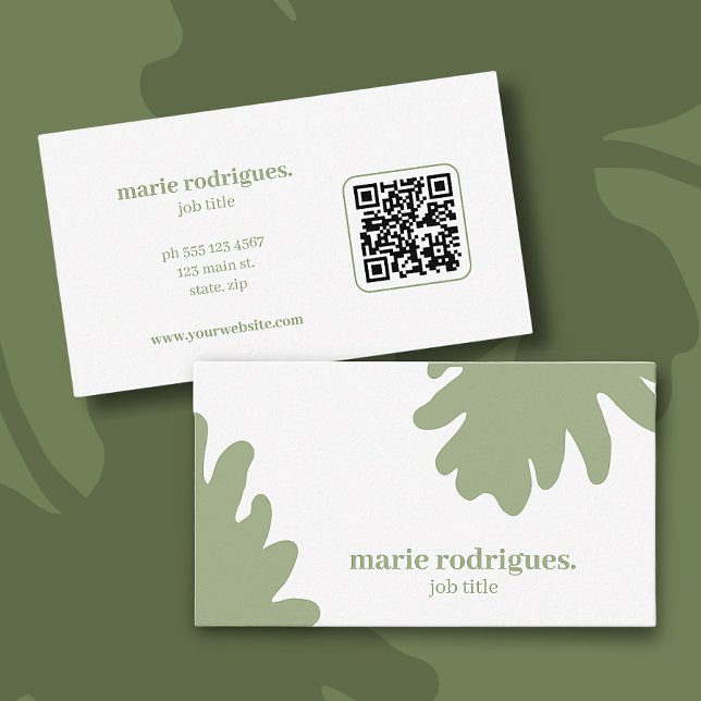 Carte de visite professionnelle code QR vert moder (Beautiful, simple and modern green leaves business card with Qr code. Personalize with name + info)