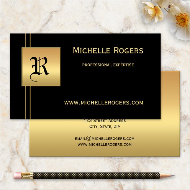 Carte de visite professionnelle Monogramme Or Noir (A stylish black and gold business card with your own monogram)
