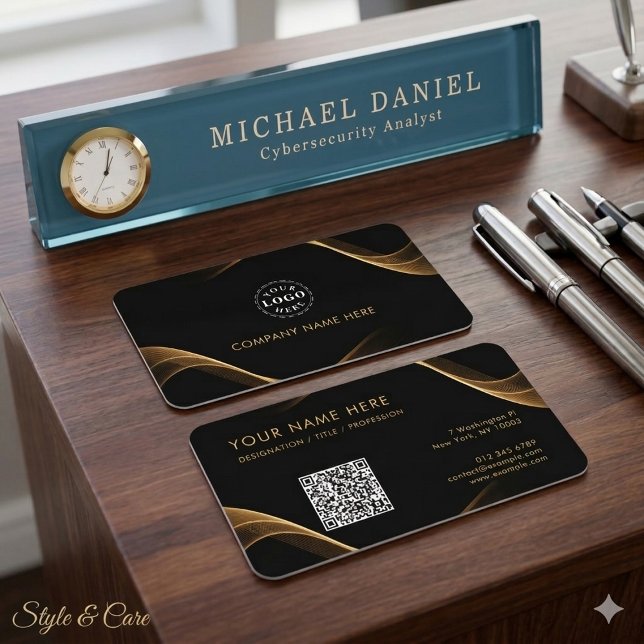 Carte de visite professionnelle noire et or (Professional Black Gold Identity Business Card)