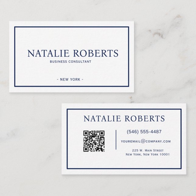 Carte de visite professionnelle QR Code bleu marin (Devant / Derrière)