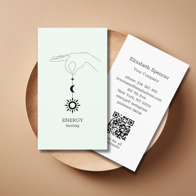 Carte de visite professionnelle QR-Code Soleil Lun (Green Hand Sun Moon Illustration QR Code Business Card. Modern Whimsical. )