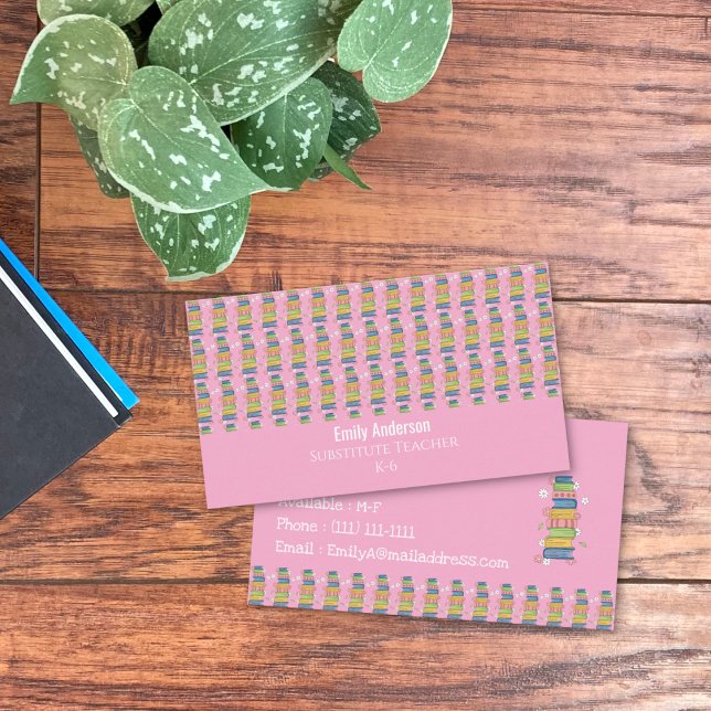 Carte de visite professionnelle rose pour enseigna (Books pattern substitute teacher pink horizontal double-sided business card .)