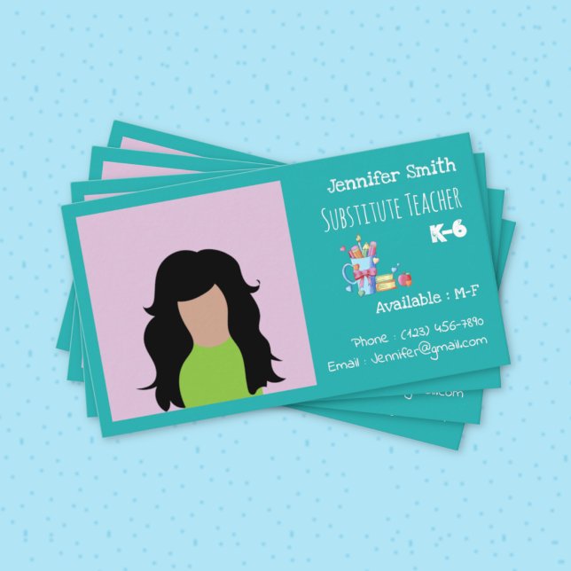 Carte de visite professionnelle sarcelle avec phot (Substitute teacher standard teal business cards with photo . )