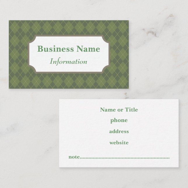 Carte de visite professionnelle verte à tartan d'A (Devant / Derrière)