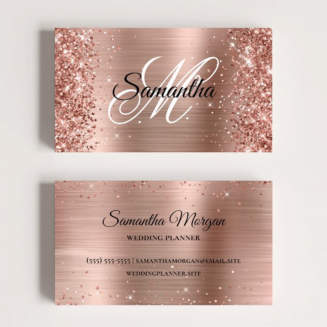 Carte De Visite Profil en ligne de monogramme de papier d'aluminiu (Glittery Rose Gold Foil Monogram Online Profile Business Card)