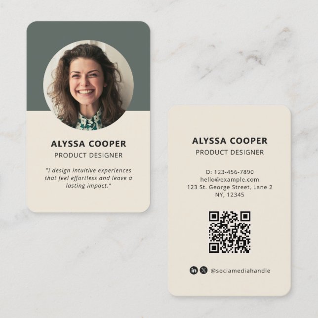 Carte De Visite Profil vert QR Code photo personnalisé professionn (Devant / Derrière)