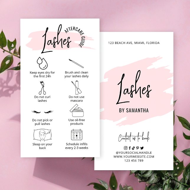 Carte De Visite Prolongations à lash rose moderne (Fully editable lash extensions aftercare cards with editable pink watercolor background)