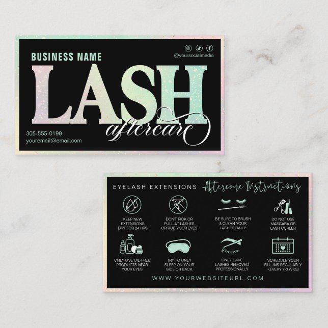 Carte De Visite Prolongations Lash Après-soins Pastel Rainbow Mint (Devant / Derrière)