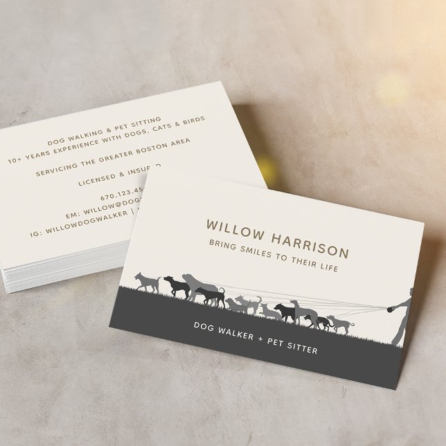 Carte De Visite Promenade de chiens en silhouette moderne (Modern Silhouette Dog Walking Business Card)