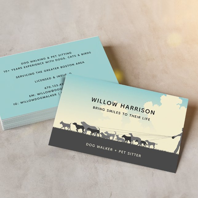 Carte De Visite Promenade de chiens en silhouette moderne (Modern Silhouette Dog Walking Business Card)