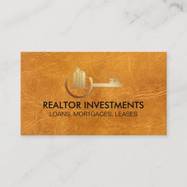 Carte De Visite Properties Key Gold Logo | Cuir Marron (Devant)