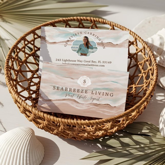 Carte De Visite Propriétés de bord de mer côtières Photo Immobilie (Watercolor Costal Beach Shoreline Real Estate Business Card)