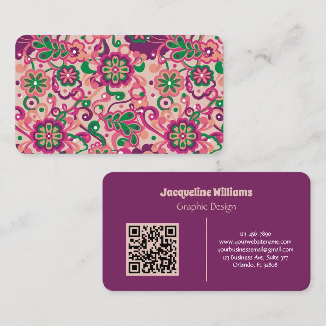 Carte De Visite Prune Groovy Psychedelique 60 70 Floral  (Devant / Derrière)
