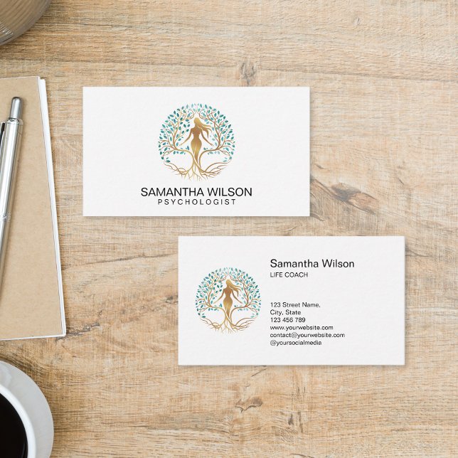 Carte De Visite Psychologist Therapist Life Coach Tree of Life (woman silhouette in the tree of life, life coach and personal growth business cards)