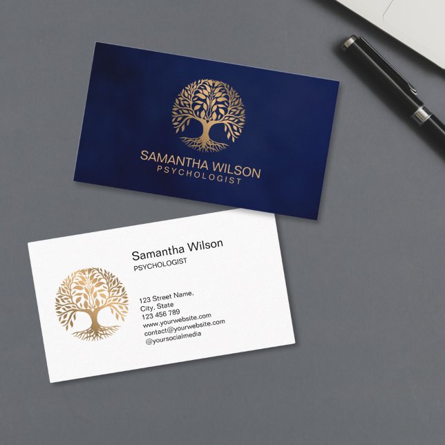 Carte De Visite Psychologist Therapy Counselor Psychiatrist Brain  (brain incorporated in the circle tree shape, gold therapist logo design)