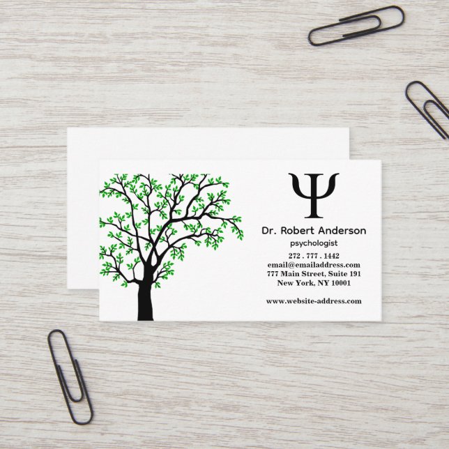 Carte De Visite Psychologue arbre vert  (Devant/Arrière en situation)