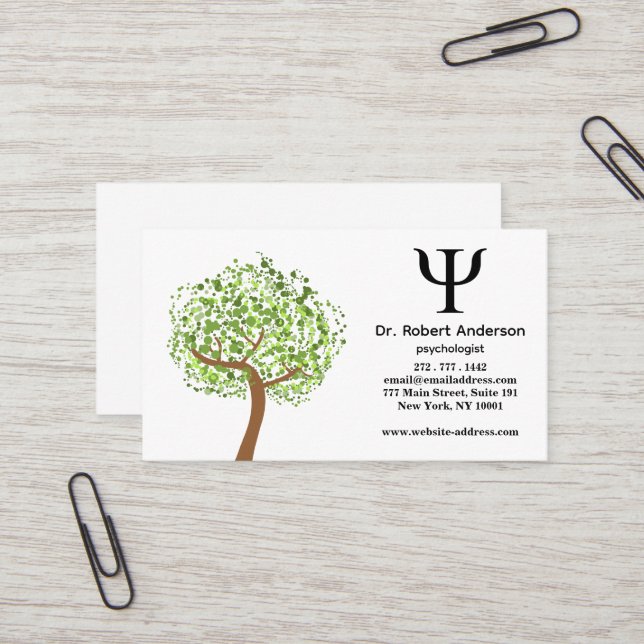 Carte De Visite Psychologue arbre vert  (Devant/Arrière en situation)