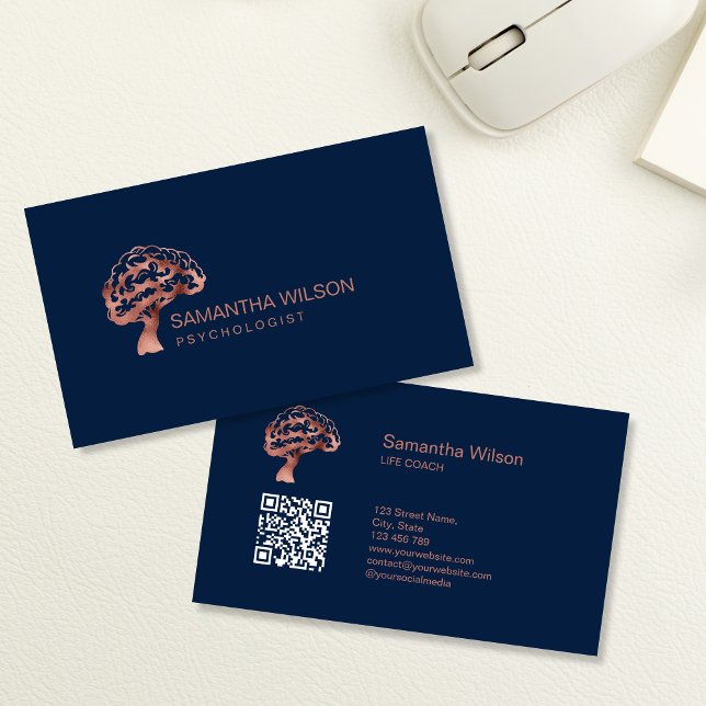 Carte De Visite Psychologue du cerveau Psychiatre Code QR (ROSE GOLD BRAIN TREE LOGO)