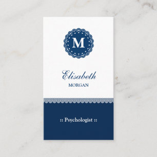 Carte De Visite Psychologue Elegant Blue Lace Monogramme