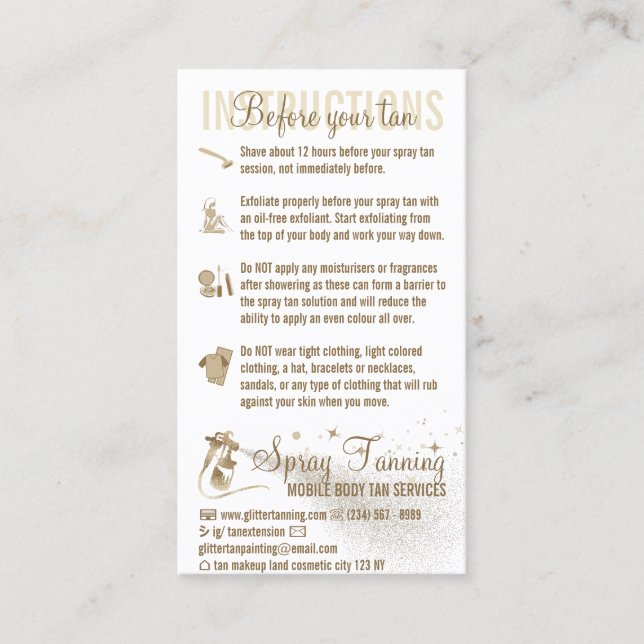 Carte De Visite Pulvériser le bronzage avant l'instruction du guid (Devant)