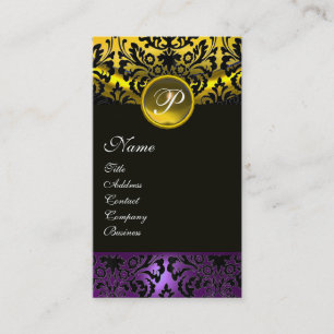Carte De Visite PURPLE BLACK JAUNE TOPAZ DAMASK MONOGRAM, or