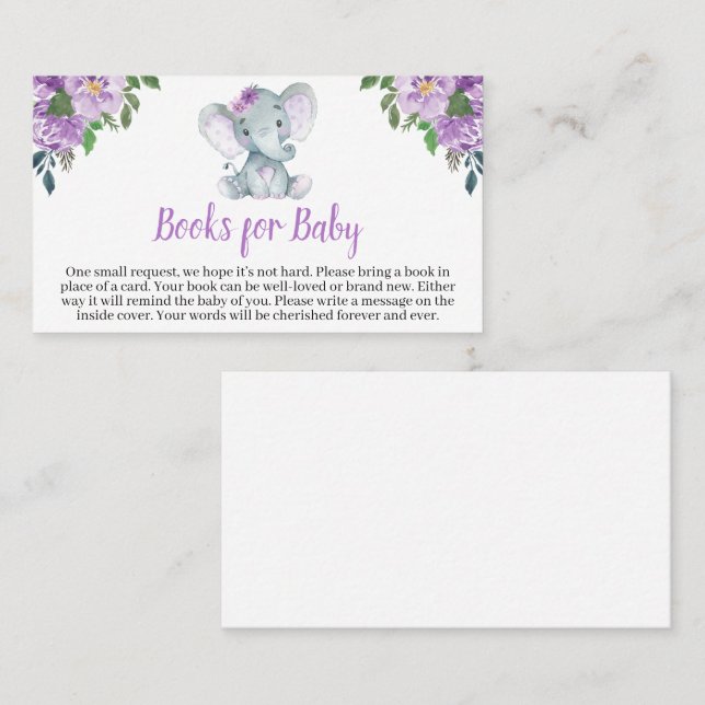 Carte De Visite Purple Elephant Baby shower Livres pour bébé (Devant / Derrière)