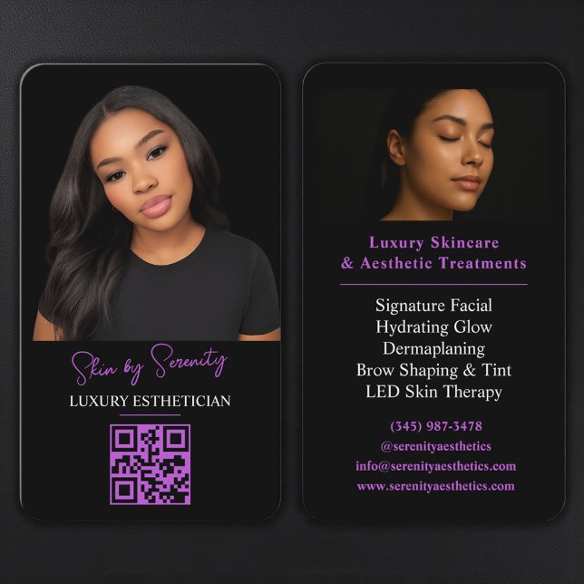 Carte De Visite Purple Esthetician QR Code Luxury Black Beauty (Créateur téléchargé)