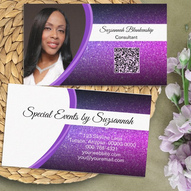 Carte De Visite Purple Faux Parties scintillant professionnel Phot (Personalize the text, add your QR code and photo so you can get out your business information. )